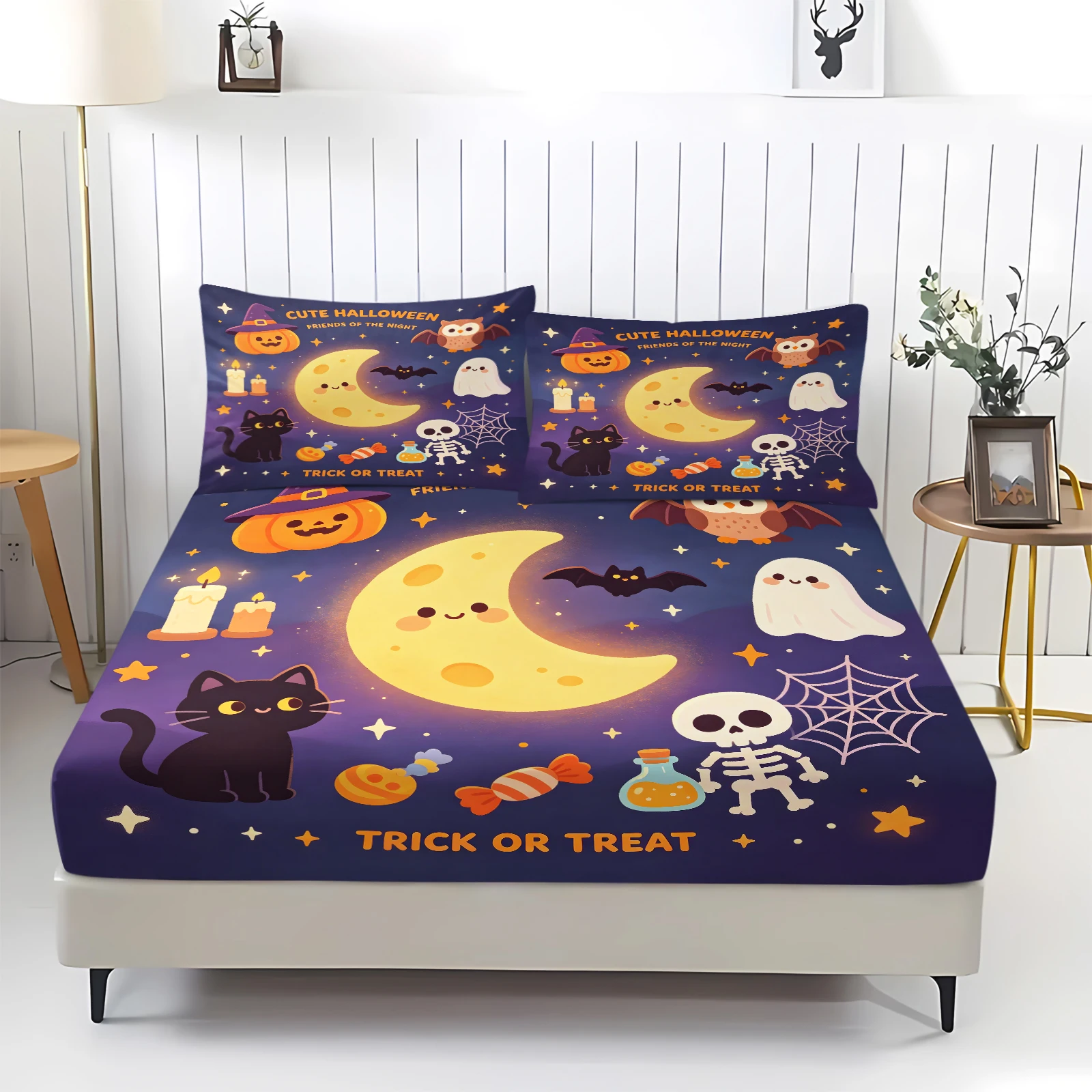 Halloween Fitted Sheet Set Cute Moon Black Cat Ghost Pumpkin Skeleton Print Bed Sheet with Pillowcases Elastic Fitted Bed Cover