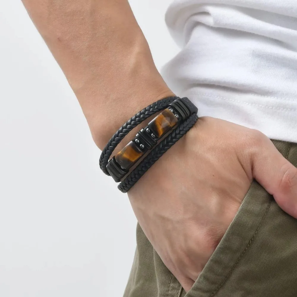 Wristband Bracelet Multi-Layer Tiger Eye Stone Bracelet Adjustabl Braided Leather Bracelet Retro Handmade Beaded Bracelet Unisex