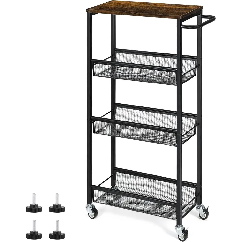 

4 Tier Slim Storage Cart, Shelving Unit or Small Space, Rolling Storage Cart with Wooden Top and Metal Handle or Narrow Space on