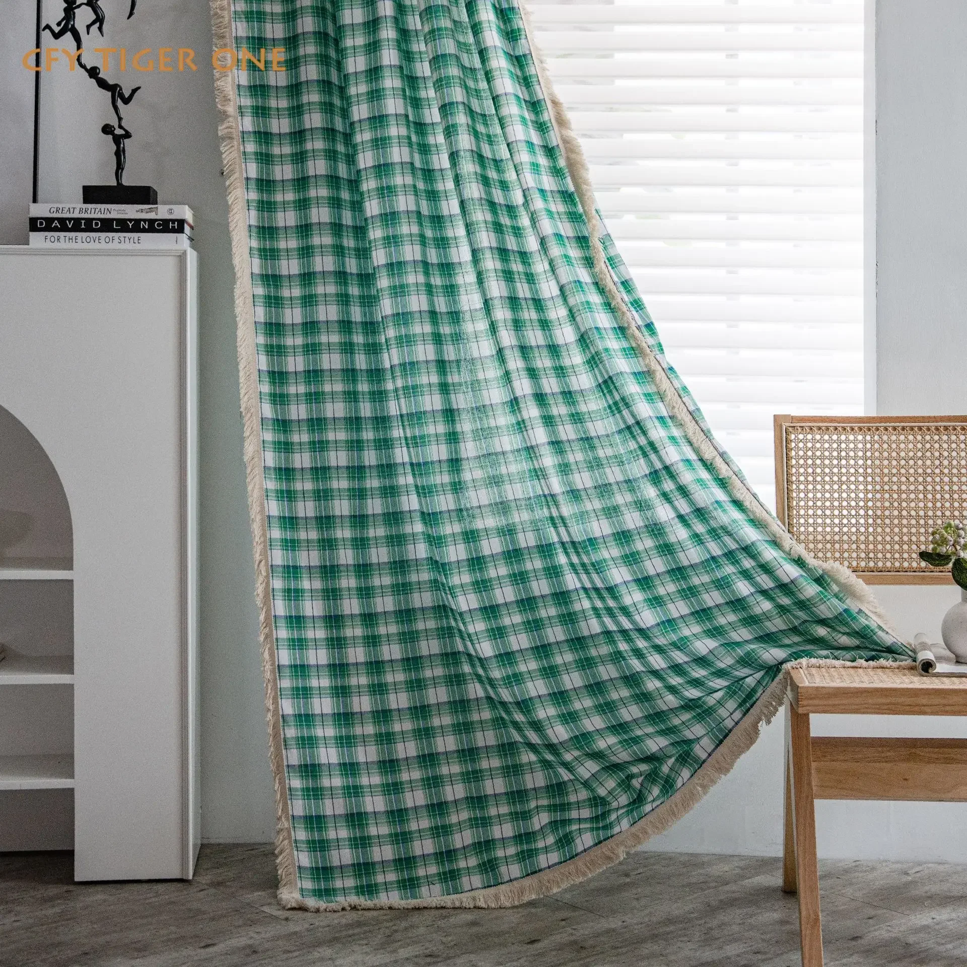 Cotton Linen American Style Solid Color Checkered Window Curtain Ready-made Drapes for Bedroom Curtains in The Living Room