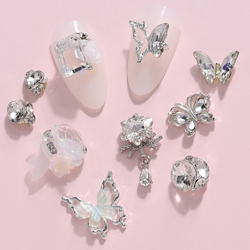 3D helder kristal vlinder steentjes nail art charmes 20 stuks gemengde metalen vlinders bloem bungelen diamant nagel edelstenen nagel ambachten