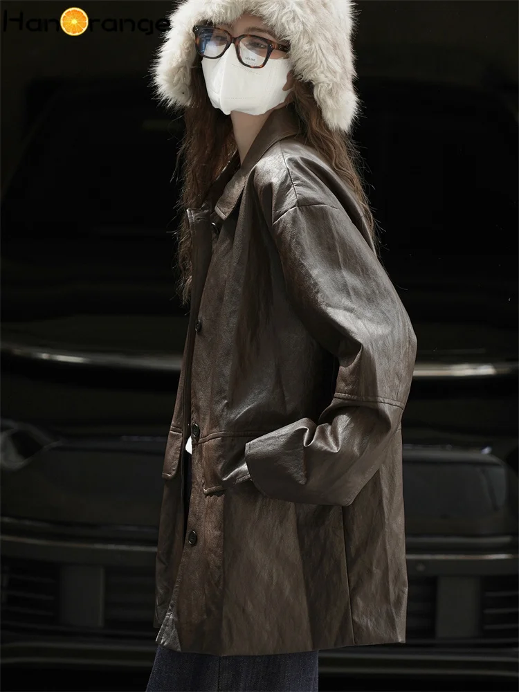 เสื้อแจ็คเก็ตหนัง PU ทรงหลวม สไตล์แฟชั่นฤดูหนาว HanOrange 2025 สีน้ำตาลกาแฟ