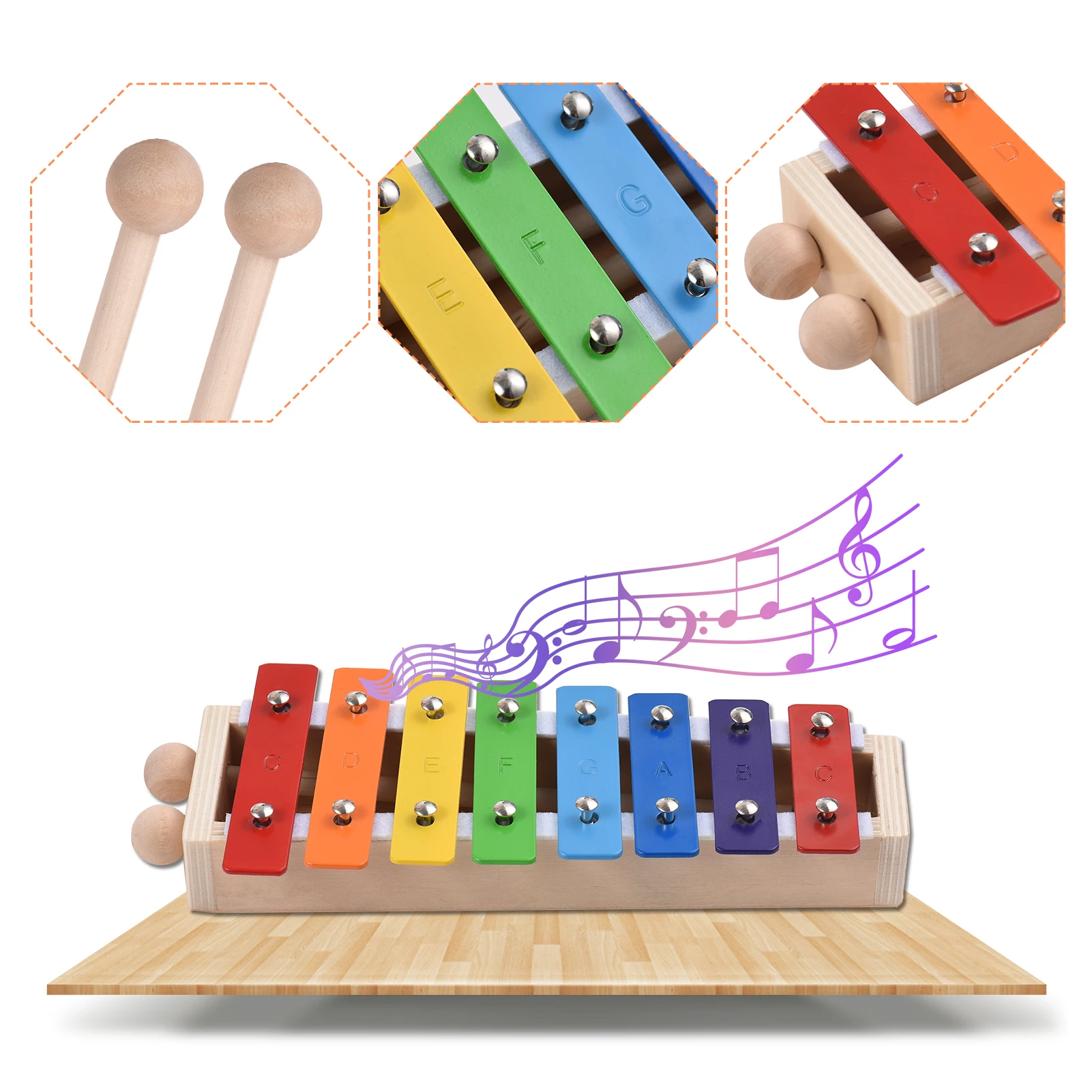 8 Keys Compact Size Xylophone Glockenspiel with Wooden Mallets Percussion Musical Instrument Toy Gift for Kids Children