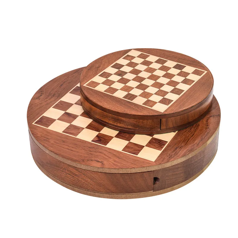 Magnetic Rotating Chess Set Round Wooden Board with Spinning Drawer Storage 32 Magnetic Pieces Travel Game