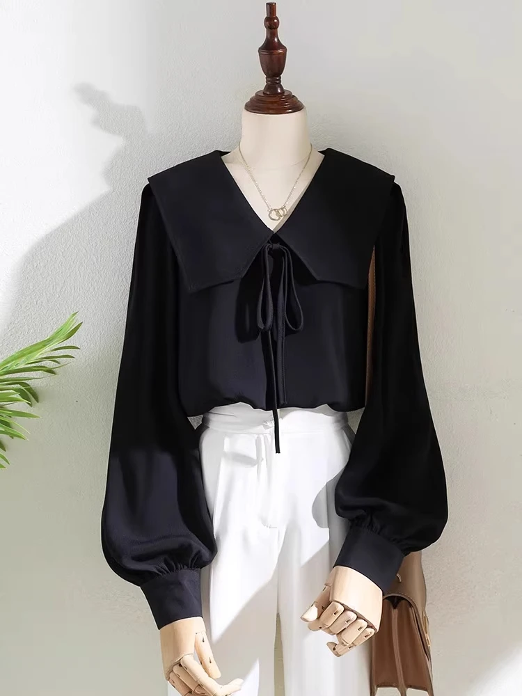 

Bla Knot Doll Collar irt Women's Loose Commuter Profional Spring Faionable Top Brand Bule European Sle