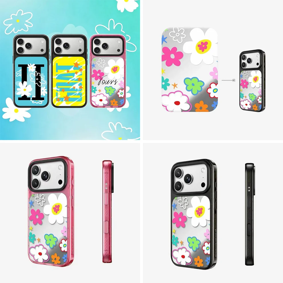 Flowers Mirror Glaze Glass Pink / Black Border Magnetic Case: Compatible with IPhone 18 17 Pro Max 18Pro