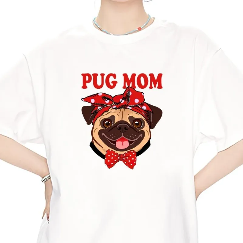 

Cute Pug Mom T Shirt Women Couple Combination Clothes Short Sleeve Collar Fashion Man Cotton