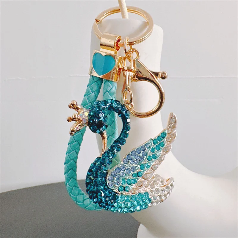 Swan Luxury Rooster Animal Keychains Crystal Trinket Key Ring chains Holder Metal Animal Keyrings