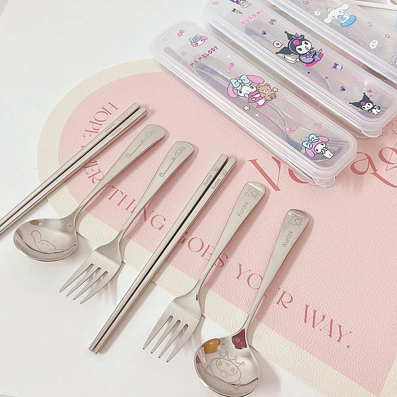 Cute Pattern Cinnamorolls Cartoon Stainless Steel Cutlery Kuromis Three-piece Set Spoon Fork And Chopstick Cutlery Kids Supplies