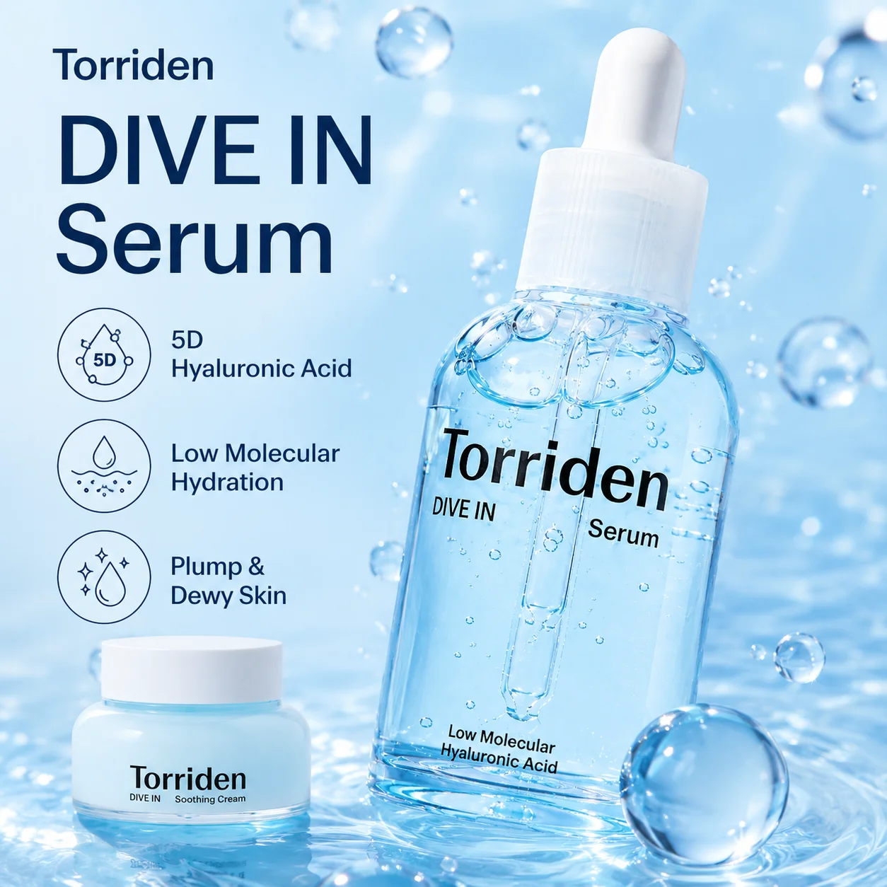 K‑Beauty Torriden DIVE‑IN Hydration Duo Kit,5D Hyaluronic Acid Serum+Soothing Facial Cream,Light Texture Deep Hydration Repair