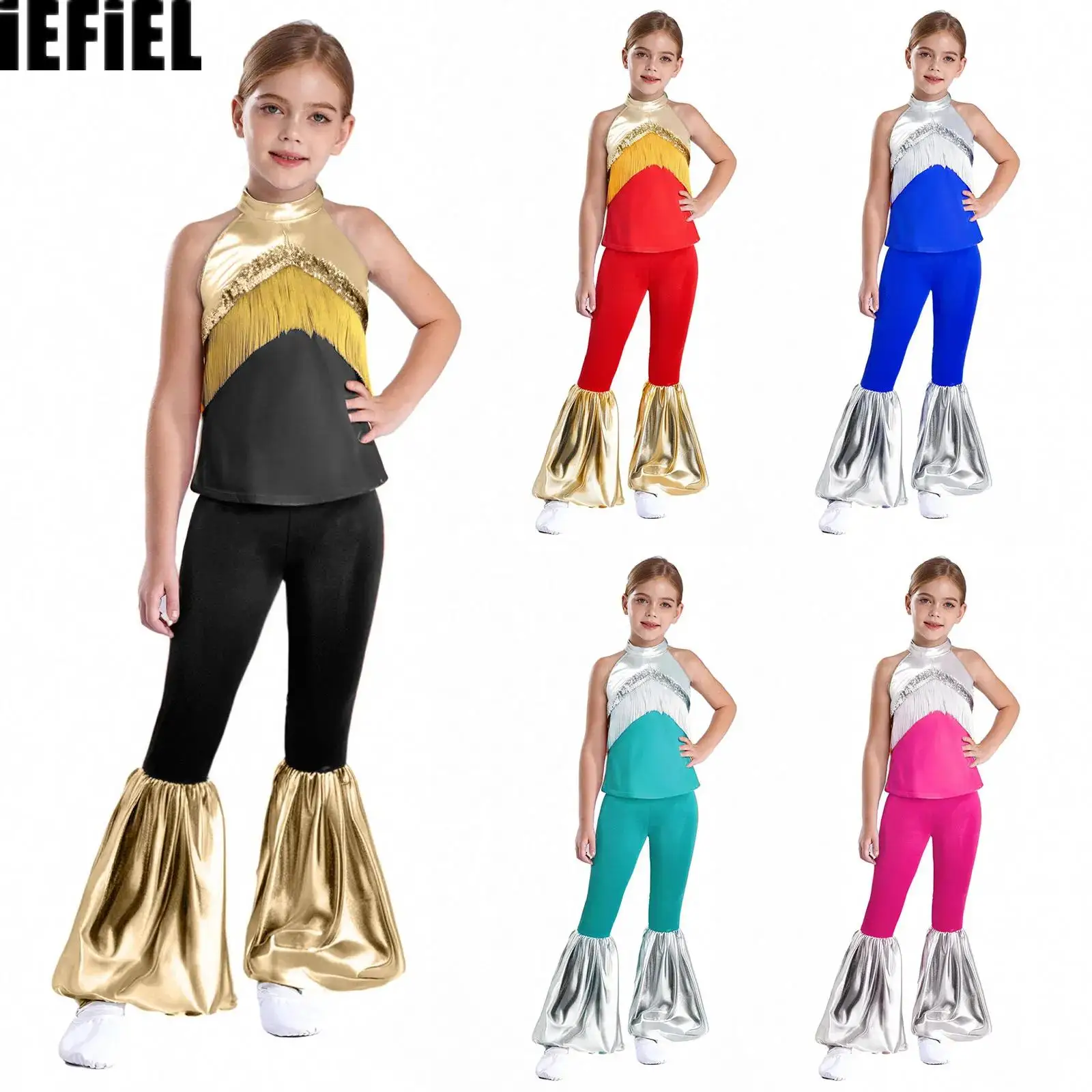

Kids Girls Disco Jazz Outfits Sleeveless Tassel Sequins Metallic Crop Top With Bell-Bottomed Pants for Halloween Party