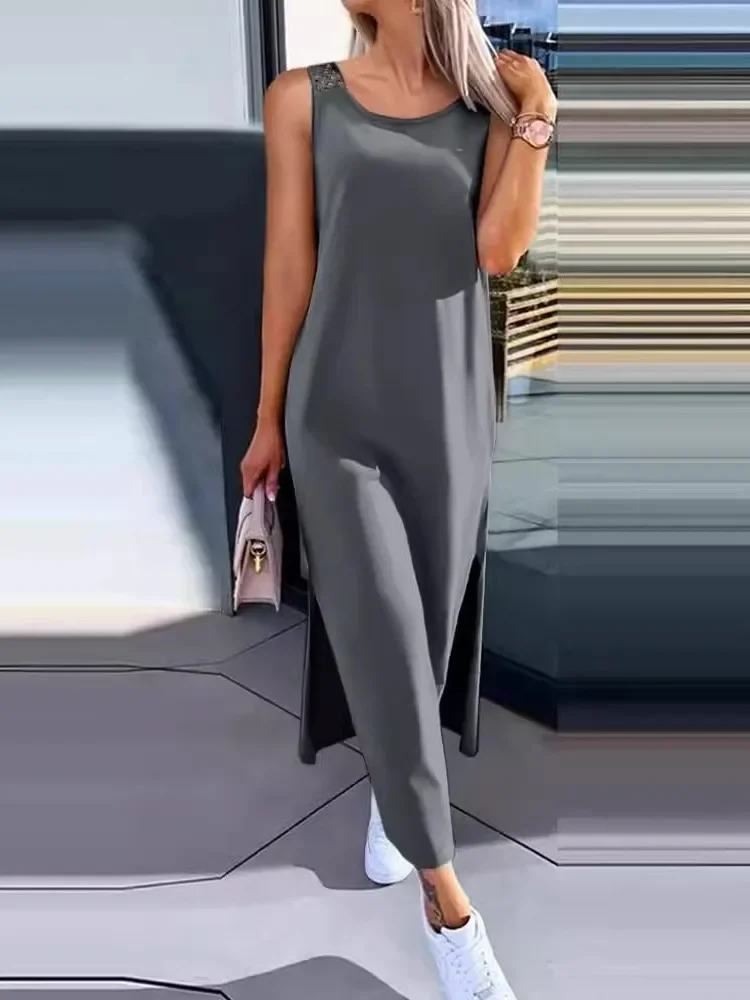 Vestido Midi sin mangas con cuello redondo para mujer, moda de verano, negro, blanco, hueco, sin espalda, con abertura lateral, informal, estilo playero