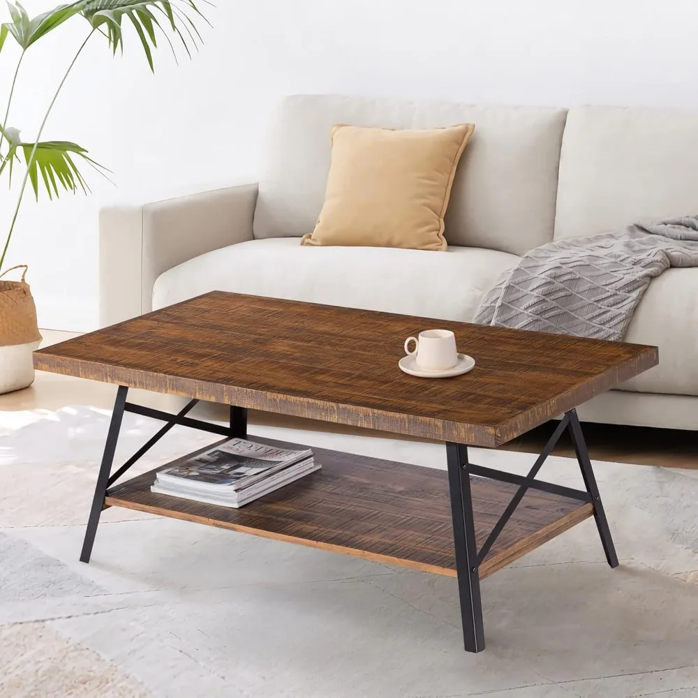 

Rustic Brown Cocktail Table with Metal Legs, Durable Pine Wood for Living Room Decor
