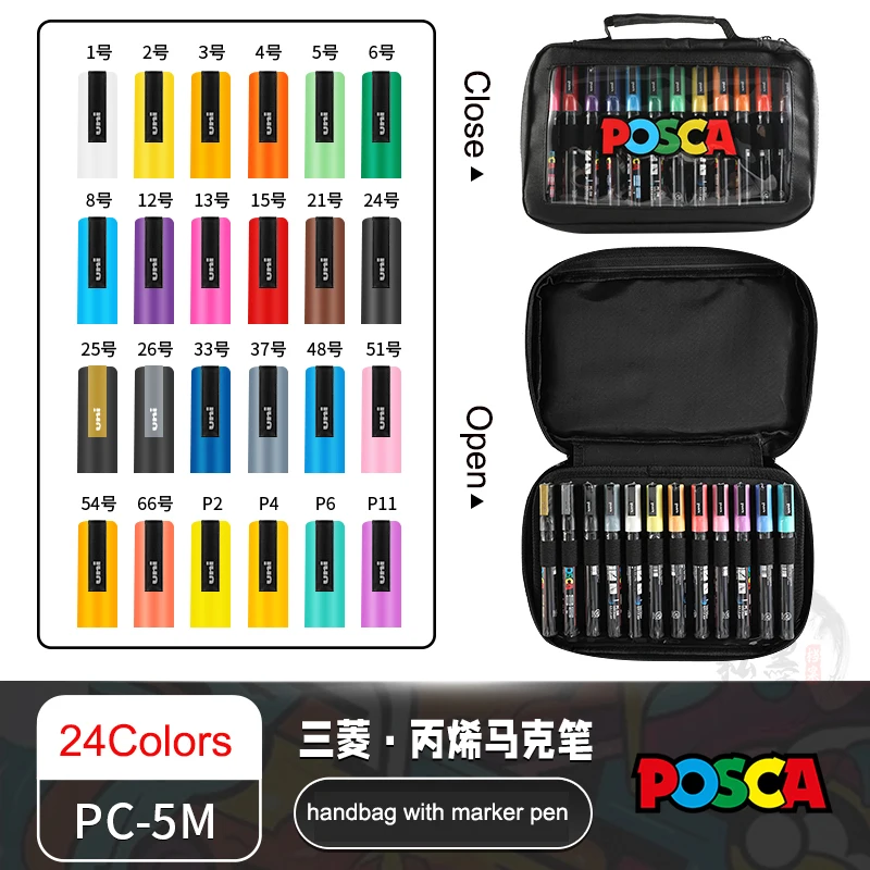 Uni Posca 24/36 Kleuren Markers, Acryl Schilderij Pen met Posca Opbergtas Japanse Briefpapier Kunstbenodigdheden voor Schilderen Graffiti