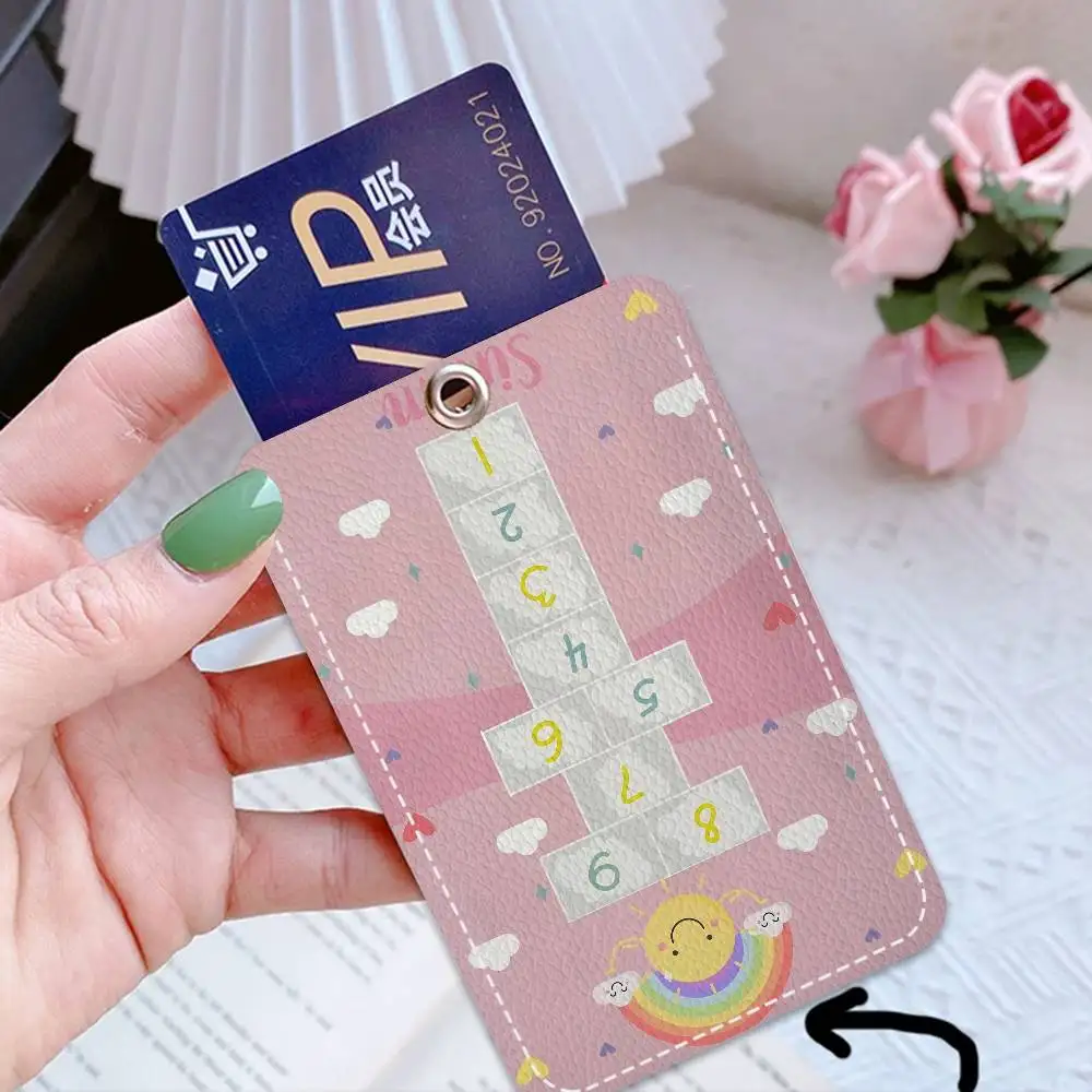 Hopscotch Cartoon Aesthetic Keychain With Access Card Holder, Bus Pass & Meal Card ID Bank Card Protective Case For Security