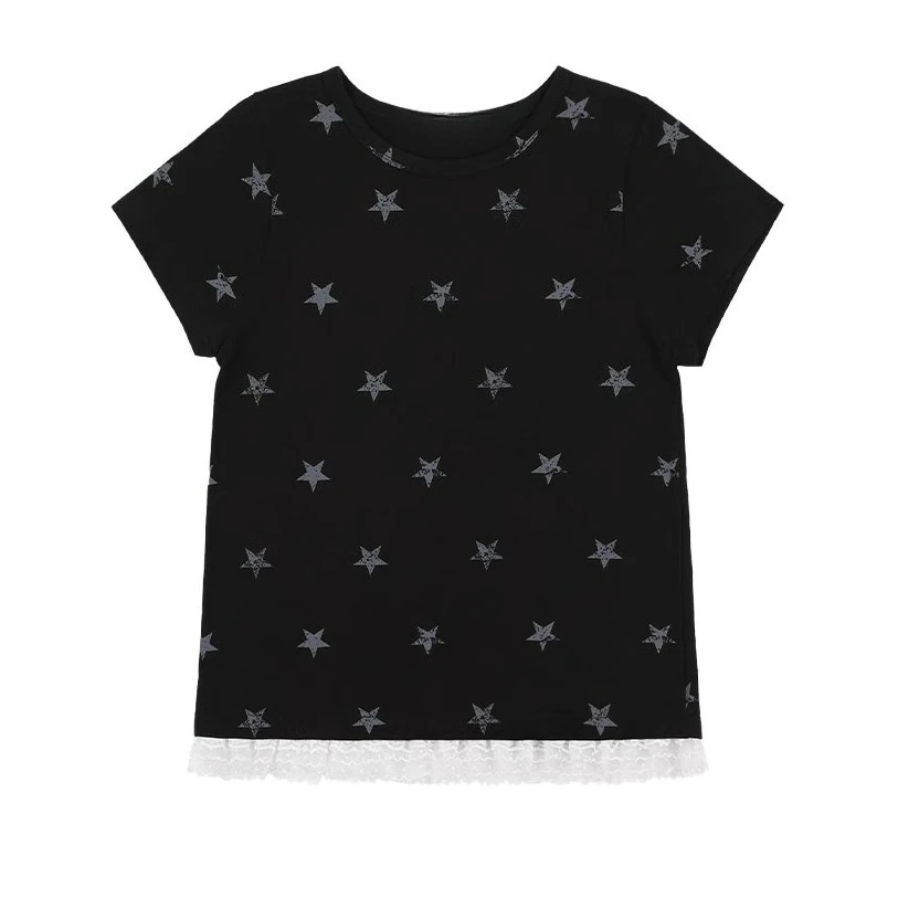 

Summer New Star Print Patchwork Lace Layered Slim Fit Versatile Top Short Sleeved T-shirt for Women
