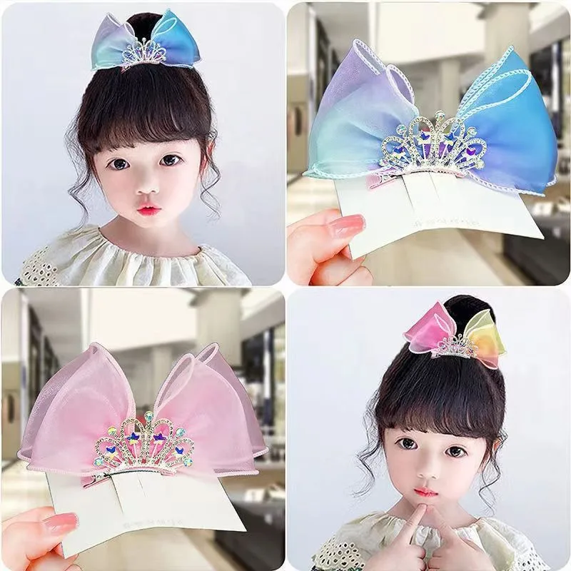 

Pastel Rainbow Hair Bows Gradient Color Princess Crown Hair Clips Standing Bowknot Hairpin Kids Barrette Korean Hair Accessories