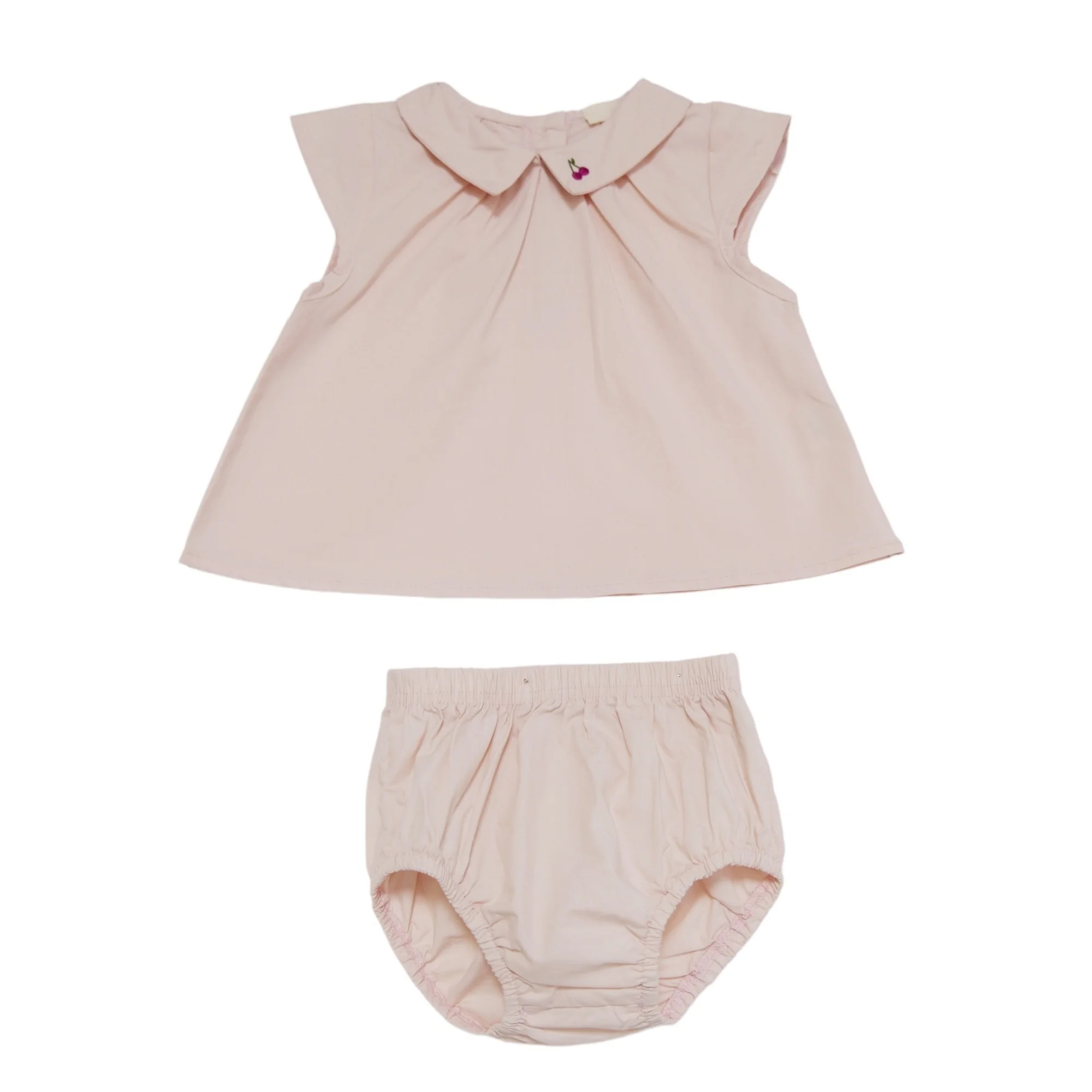 Cotton Baby Girls Two Piece Set Cherry Embroidery Turn Down Collar Top Elastic Bloomer Toddler Girl Sets For Summer Birthday