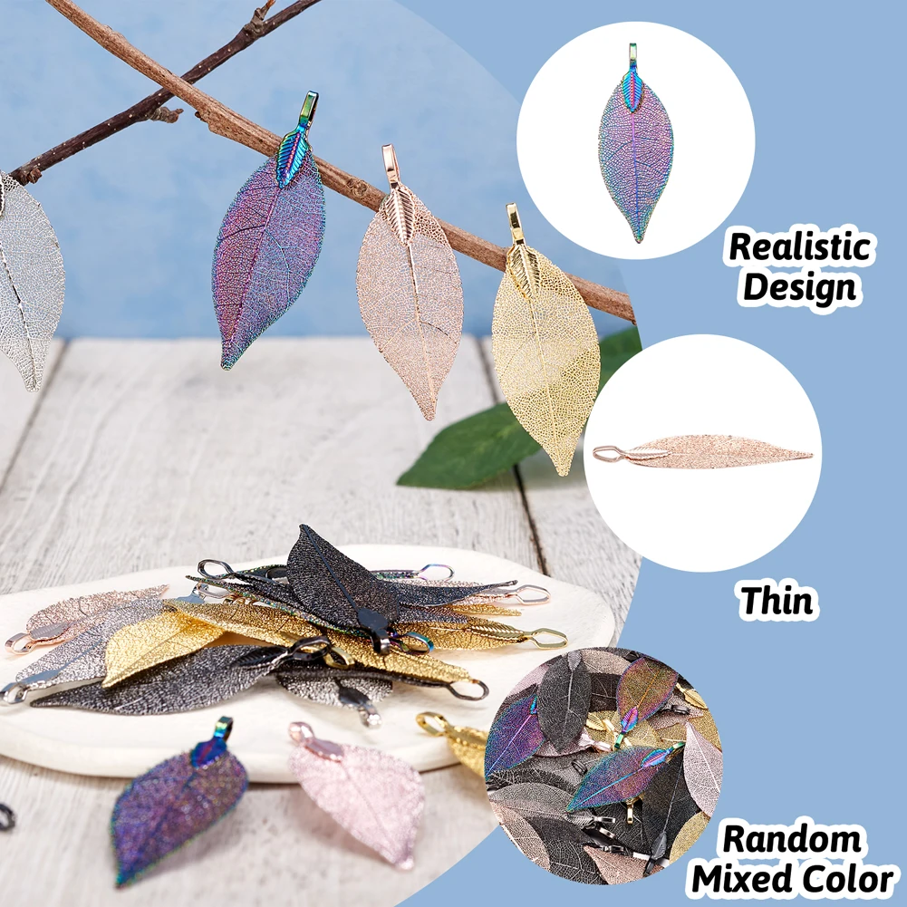 50PCS Electroplated Leaf Big Pendants Mixed Color Natural Leaf for DIY Necklace Earrings Jewelry Making 52~53x19~20x1.5mm
