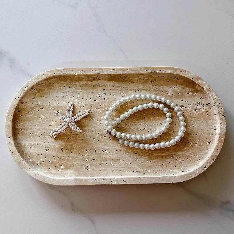 Light Luxury, Minimalist, Vintage-Style Travertine Marble Tray, Candle Holder, Display Tray, Ornament, Storage Tray, Handcrafted