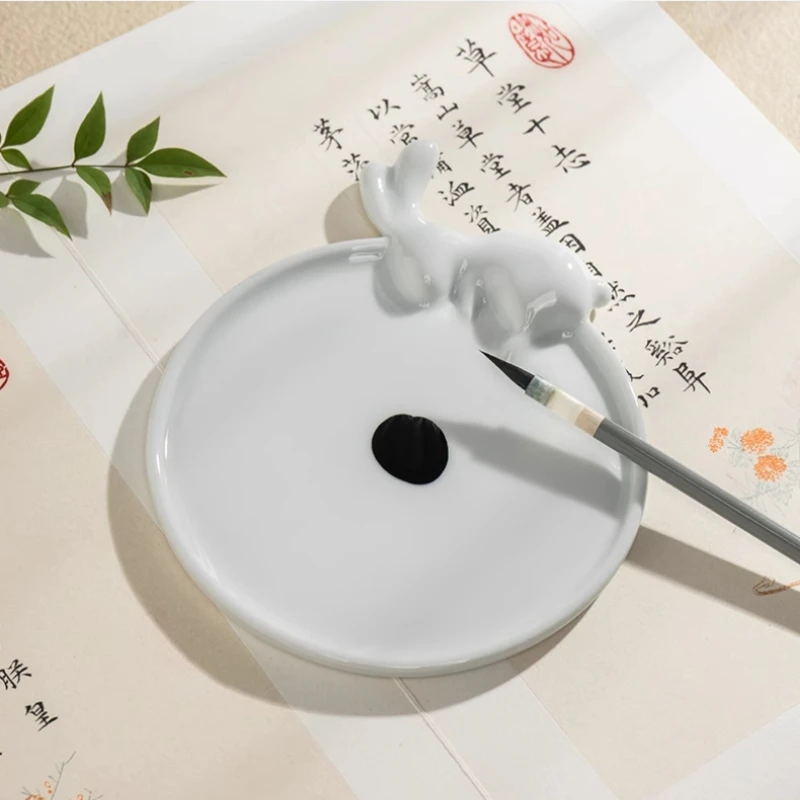 Moon Rabbit Shape Ceramic Palette for Watercolor Painting Cute Brush Holder White Porcelain Easy To Clean Student Art Supplies