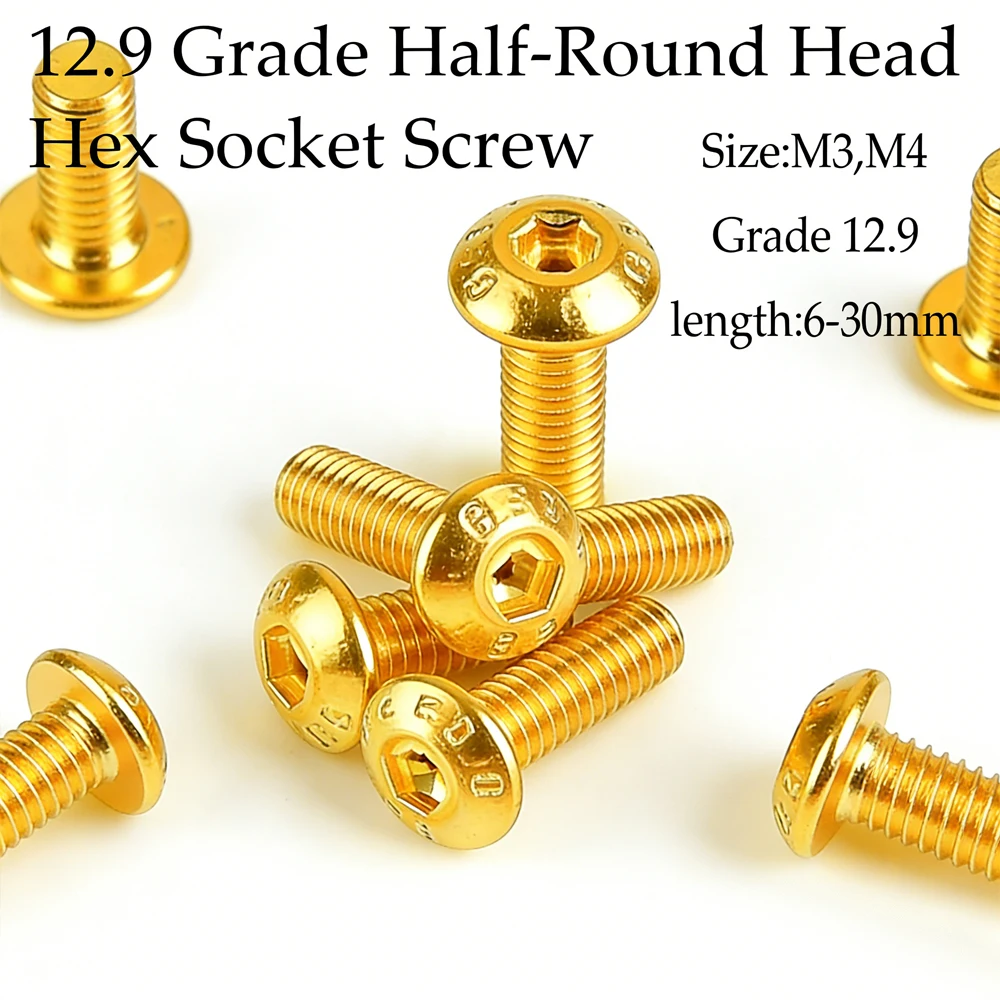 10pcs M3 M4 12.9 Grade Golds Hex Socket Screws, Alloy Steel Button Head Cap Bolts, Heavy Duty Fastener Hardware