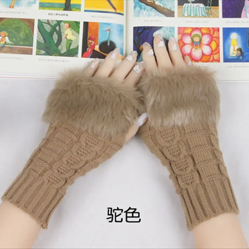 Hot Women Faux Rabbit Fur Hand Wrist Winter Warmer Fingerless Long Mitten Gloves Dropship