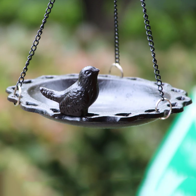 Vintage Black Cast Iron Hanging Bird Feeder Bath Round Hollow Edge Plant Candle Storage Tray For Outdoor Patio Garden Backyard