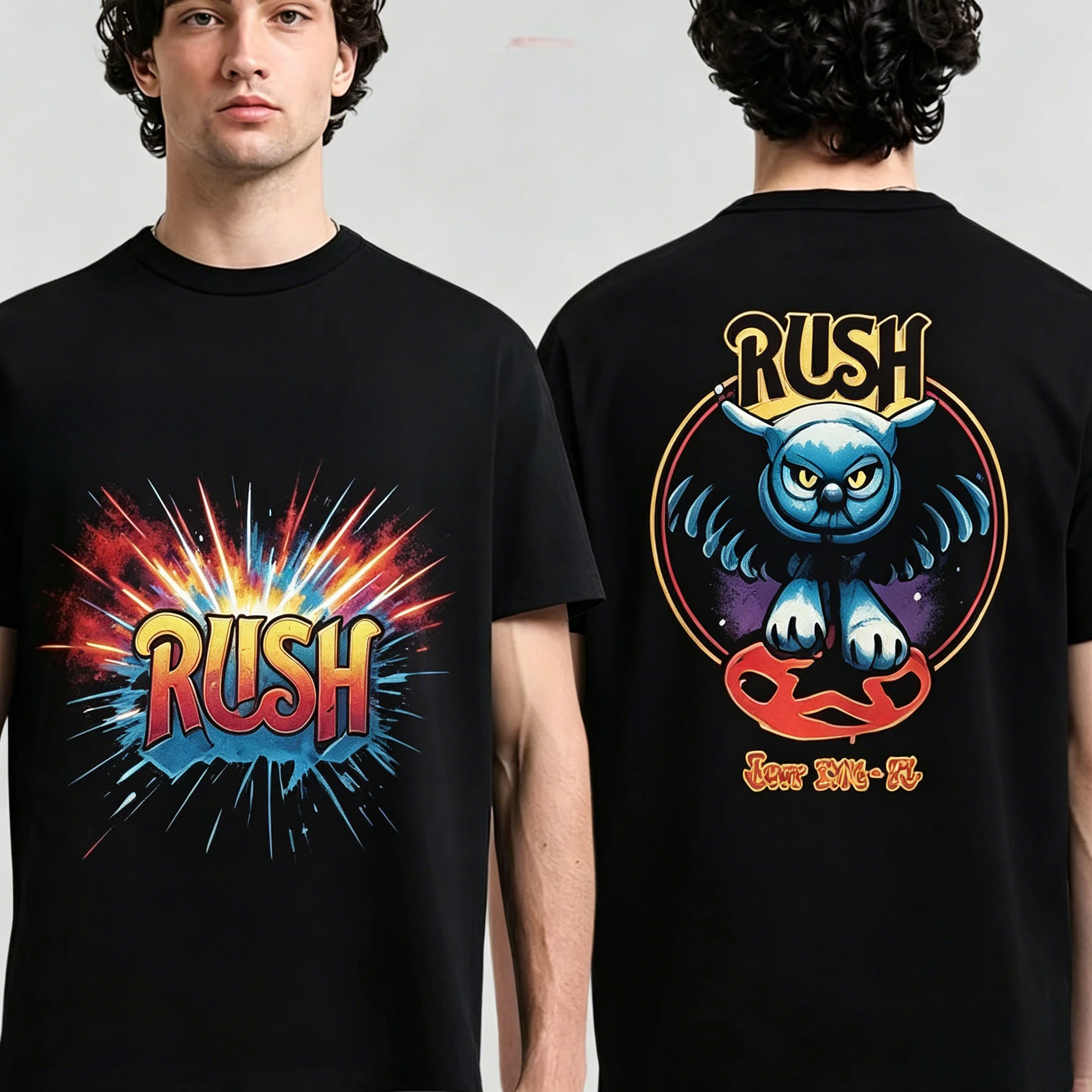 Vintage Rush 2112 T-Shirt Double Sided Print Pentagram Rock Band Tour Graphic Tee Men Casual Cotton Short Sleeve Retro Music
