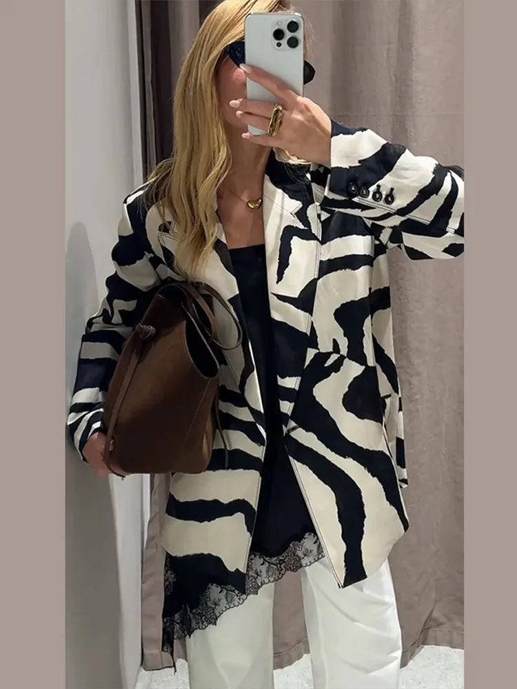 

Повседневное пальто с принтом зебры, женские пальто с отложным воротником и длинными рукавами, карманами, свободный пиджак, осень 2021, новая женская винтажная модная верхняя одежда