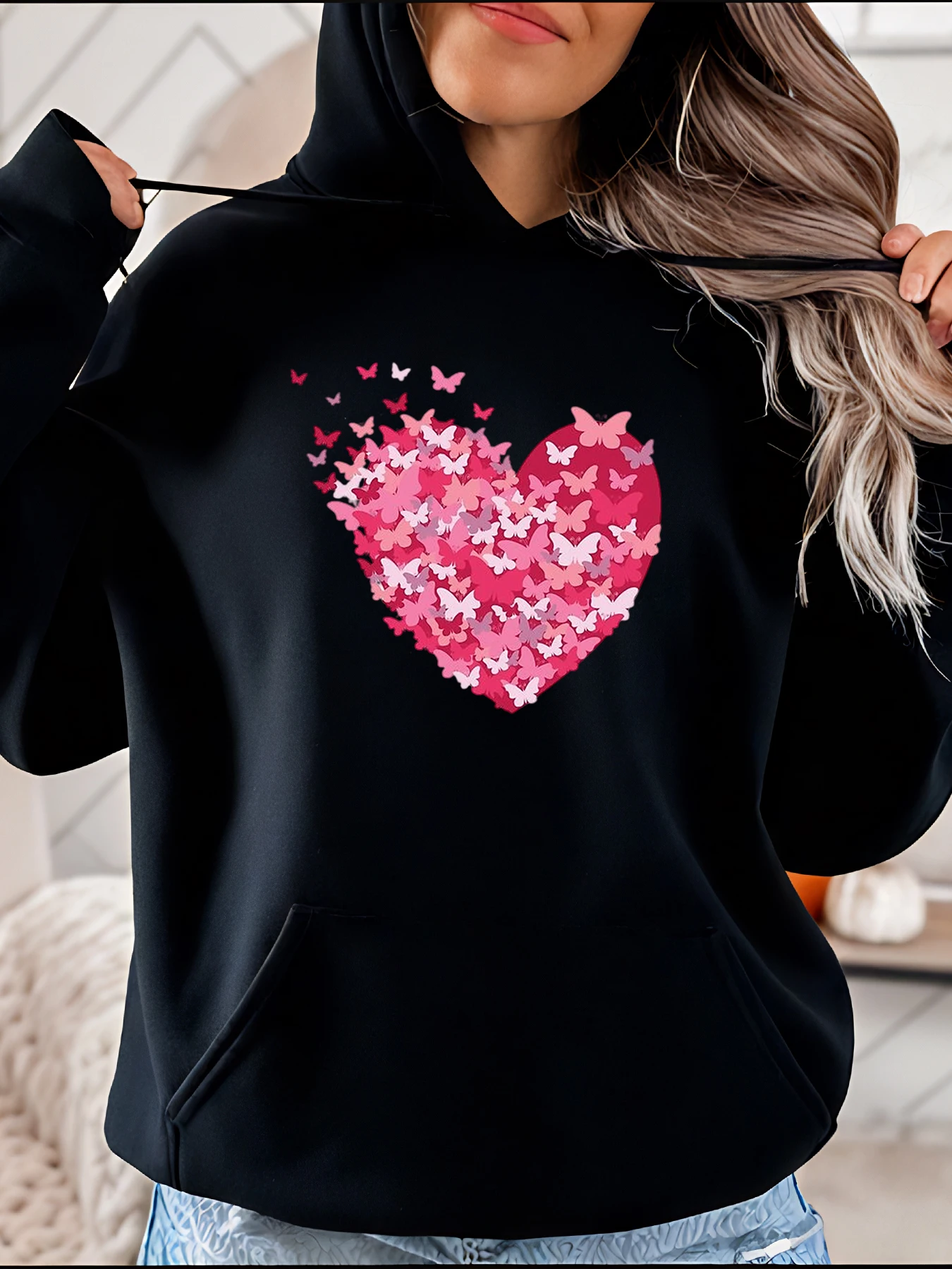 

Женская черная толстовка с принтом сердца и бабочки, повседневная толстовка на День святого Валентина и повседневная одежда