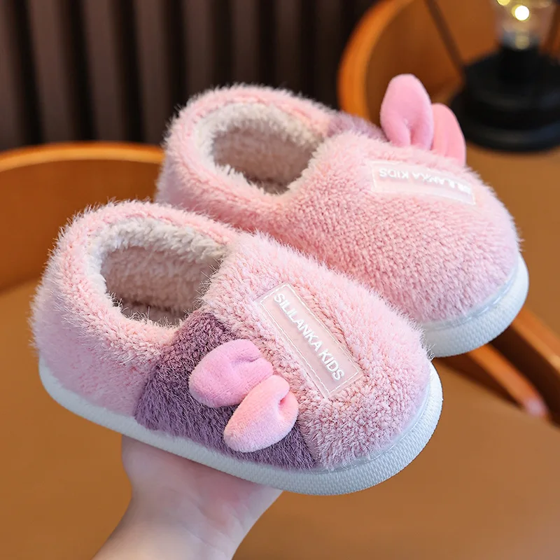 Children\'s Cotton Slippers Autumn Winter Indoor Anti Slip Soft Sole Kids Shoe Cute Cartoon Warm Home Shoes Boys Girls Fur Slides