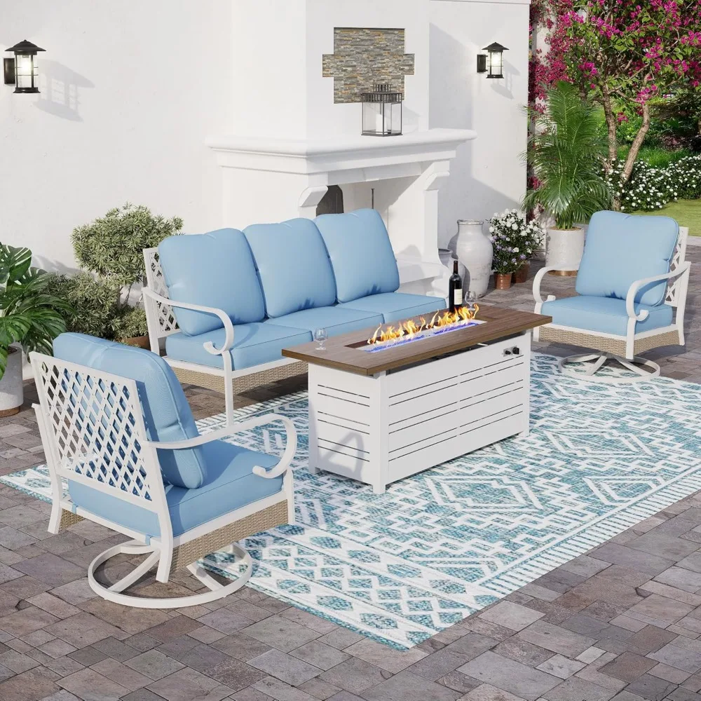 4 Piece White Metal Outdoor Patio Furniture Sets with Firepit Table, Patio Conversation Sets 1 3-Seater Sofa, 2 Swivel Sofa