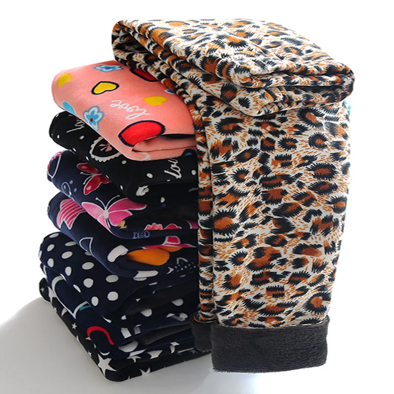 Winter Warm Velvet Girls Pants Soft Cotton Leopard Print Girls Leggings Children Kids Trousers 3-13Years