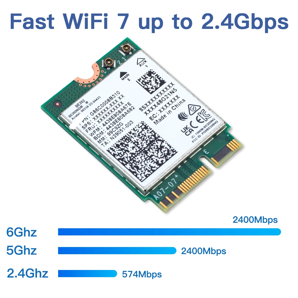 WiFi 7 for Intel BE202 WiFi Card M.2 Bluetooth 5.4 2400Mbps Tri-Band 2.4G/5G/6GHz BE202NGW WiFi 7 Wireless Network Adapter