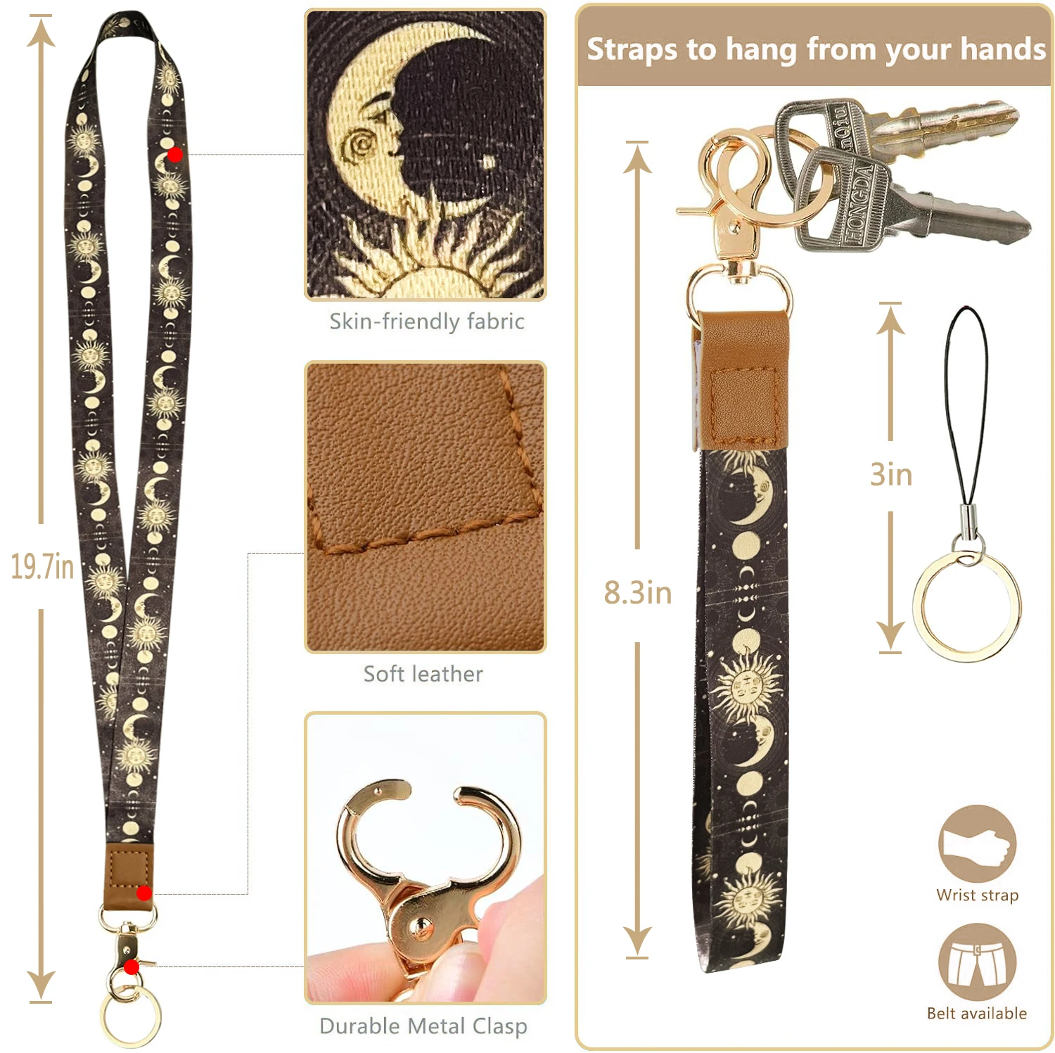 Portefeuille à lanière soleil et lune, lanière Boho avec portefeuille, porte-badge d'identification avec lanière cou et bracelet, étui à fermeture éclair en cuir PU