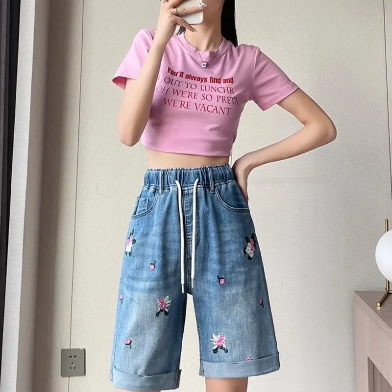 2024 Summer Elastic Waist Denim Shorts Women's Vintage Floral Embroidered Straight Tube Loose Drawstring Short Pant Female 3XL