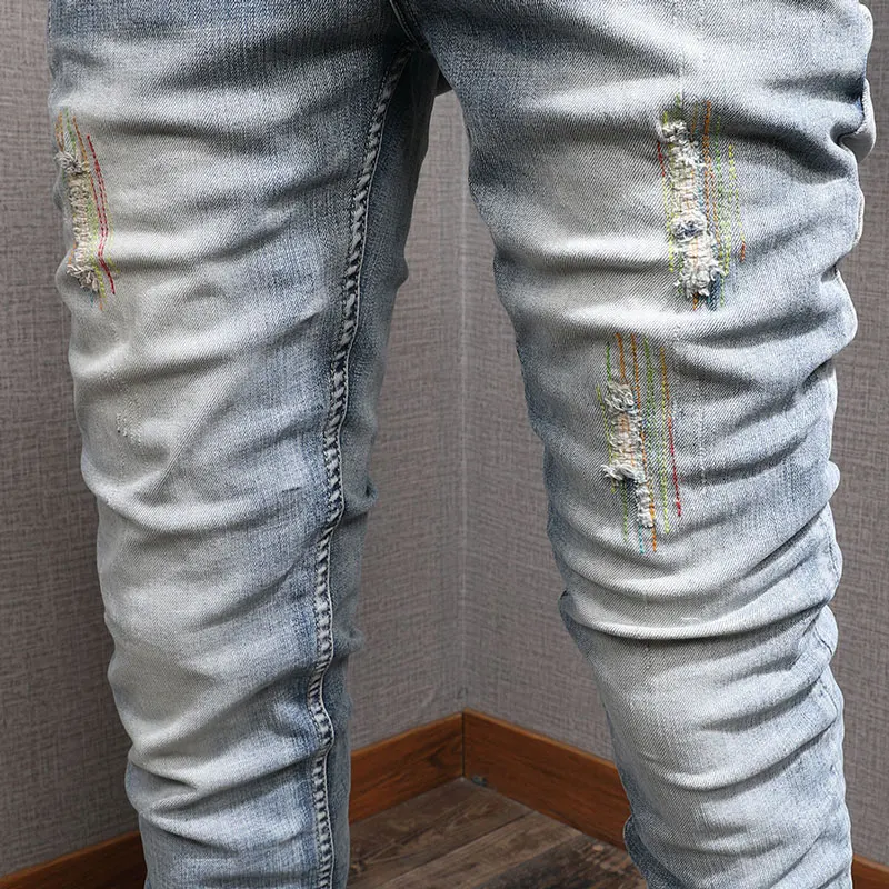 Fashion Trendy Men Jeans Retro Washed Light Blue Elastic Slim Fit Ripped Jeans Men Embroidery Designer Patched Denim Pants Homme