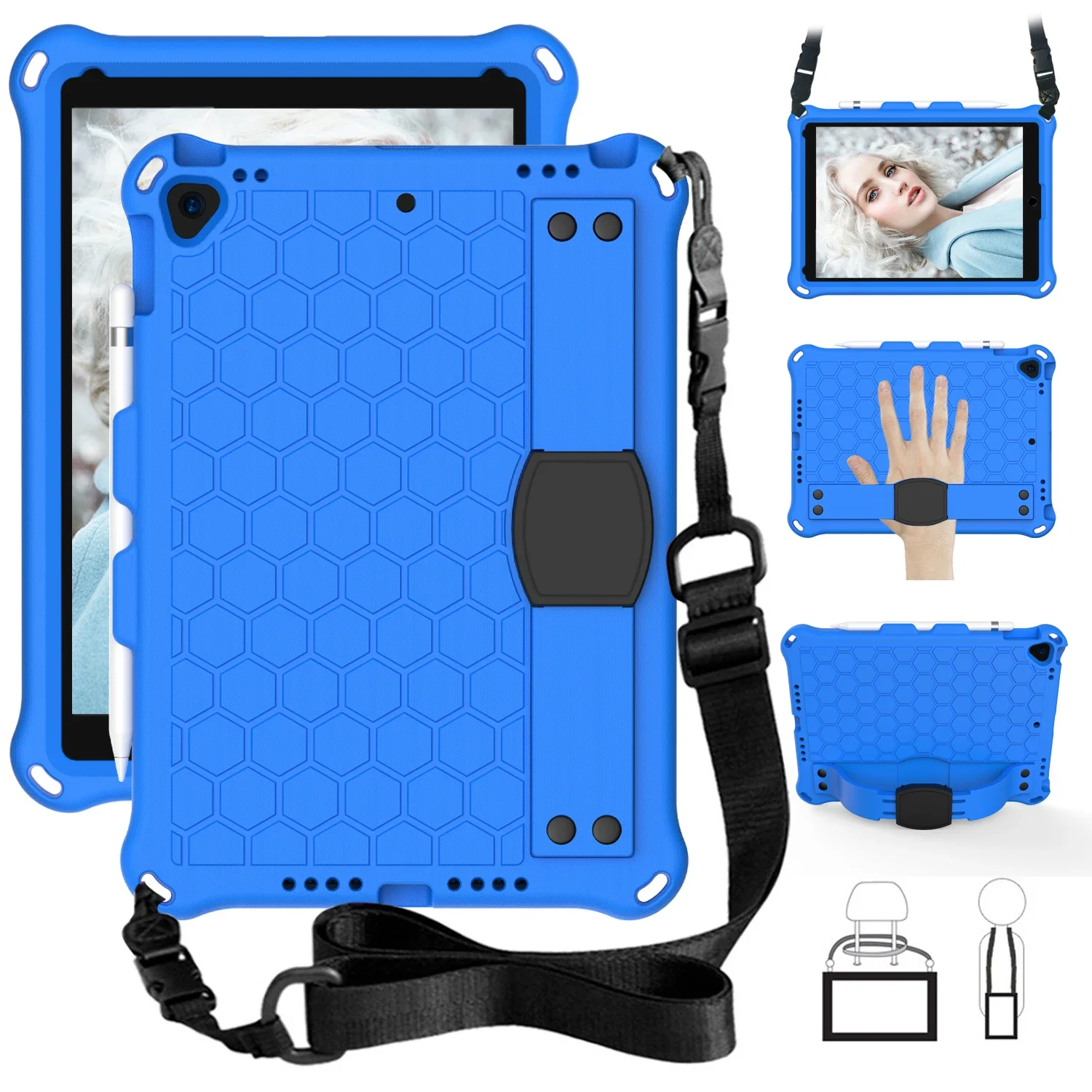 

For iPad 10.9 2022/Pro 11 2021 2020 2018 mini4 5 6/9.7 5th 6th/10.2 7th 8th 9th Gen Air4 Air5 Shockproof Stand Cover with Strap