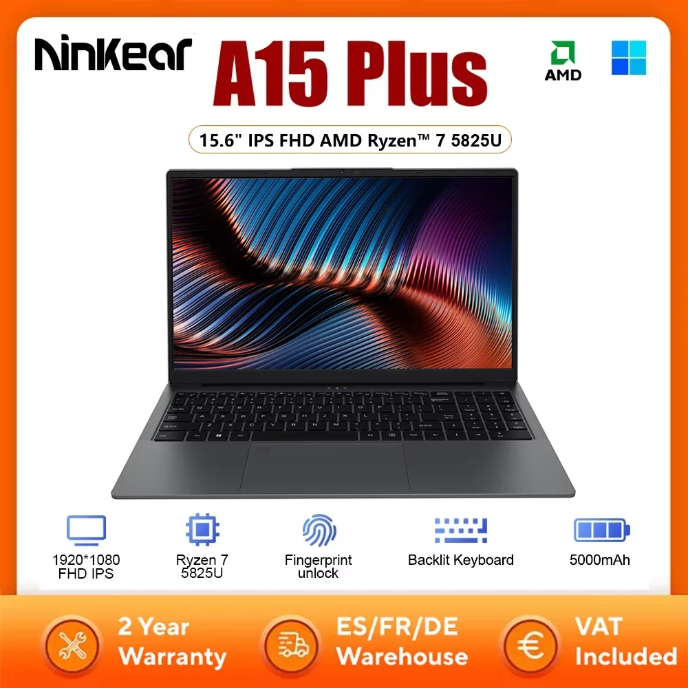 Laptop Ninkear A15 Plus 15,6 IPS FHD AMD Ryzen ™   7 5825U Notebook 16G DDR4 1TB SSD 57WH Computer da gioco Windows 11 Notebook