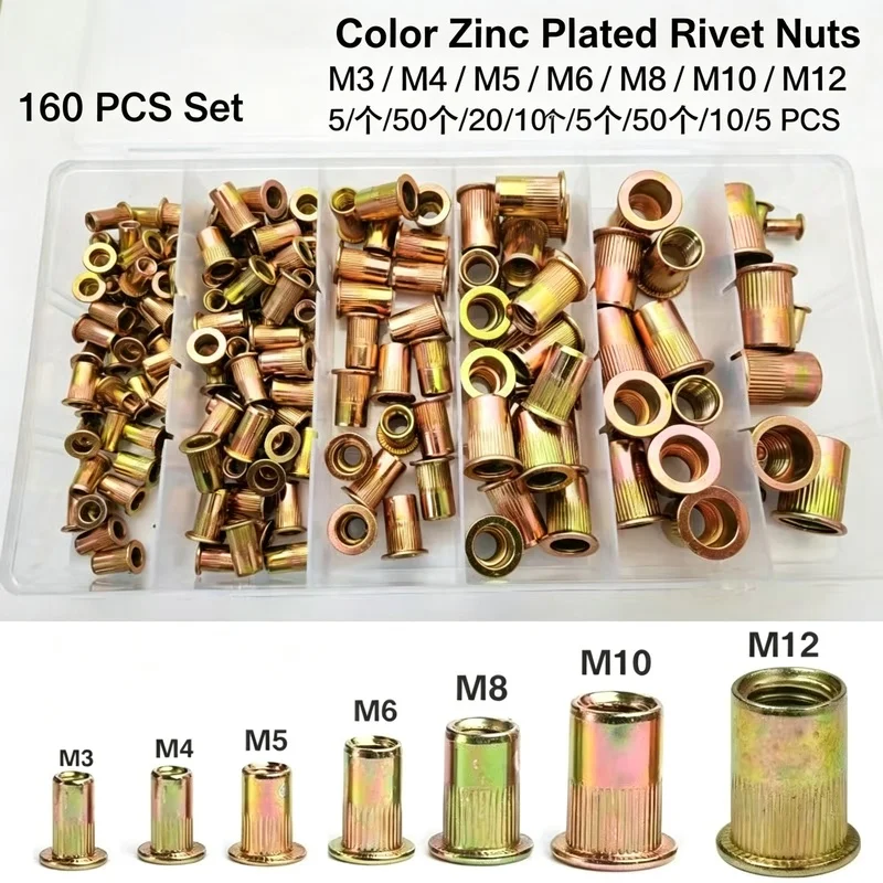 100/165Pcs Zinc Plated Nuts Rivnut Flat Head Thread Rivets Inserted Into Nut Cap Rivet Nut Kit M3 M4 M5 M6 M8 M10 M12