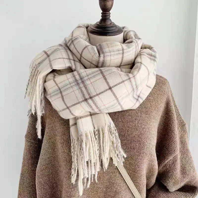 Gentle Style Cream White 2024 New Plaid Shawl with Scarf for Women in Winter Spring and Autumn Cashmere for Warmth