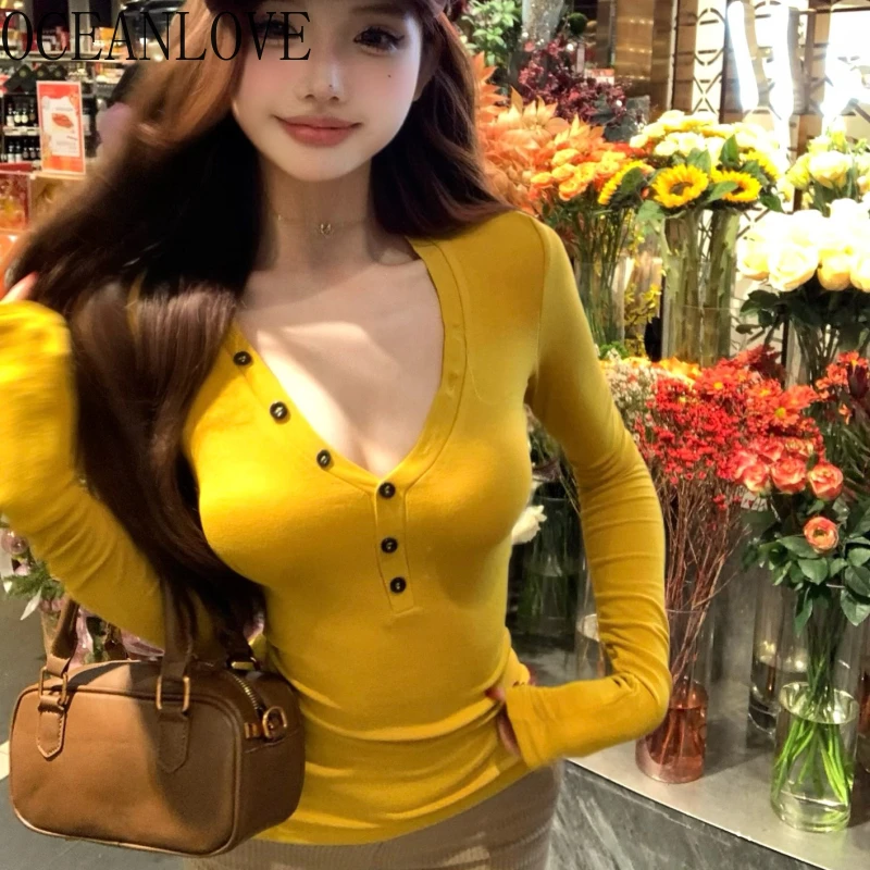 OCEANLOVE Y2k T Shirt for Women Solid Yellow Korean Fashion V Neck Sexy Vintage Ropa De Mujer Spring Autumn Slim Short Tees