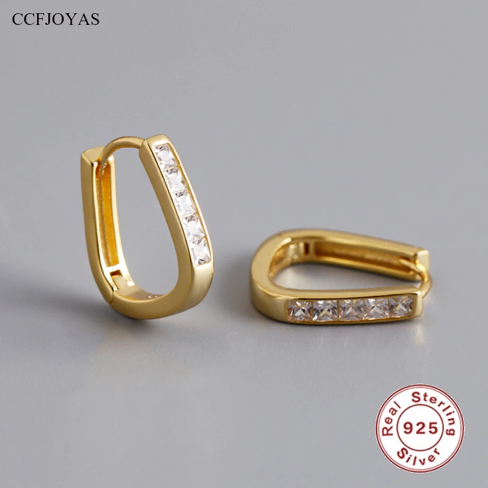 

CCFJOYAS 100% Real 925 Sterling Silver Geometric Zircon Hoop Earrings Women European and American high-end Gold Silver Jewelry