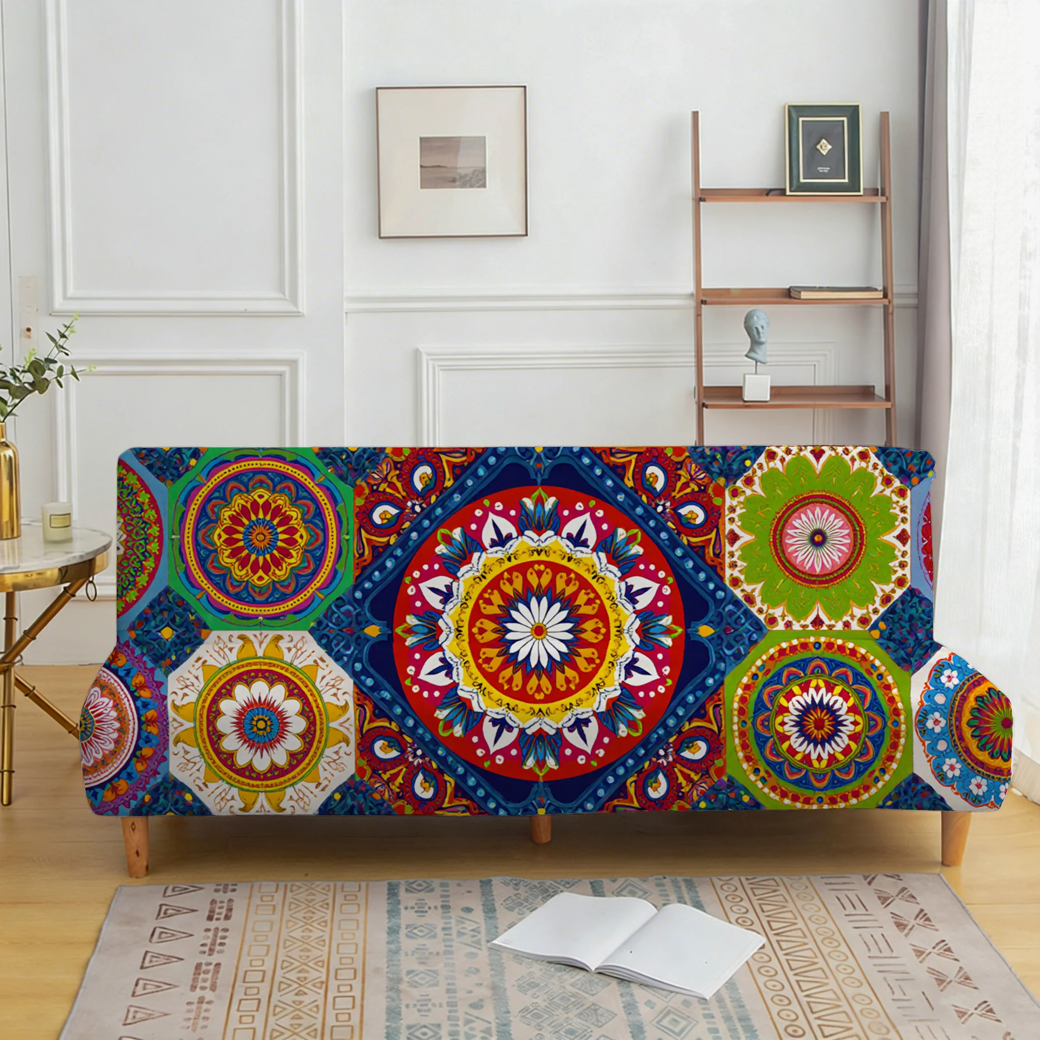 Bohemian geometric parquet elastic sofa bed cover, living room sofa bed cover, dustproof machine washable sofa bed cover