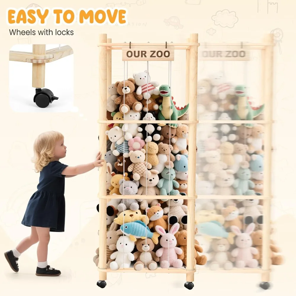 منظم الألعاب القطيفة المتدحرجة: قفص تخزين كبير للحيوانات والألعاب المحشوة للأطفال