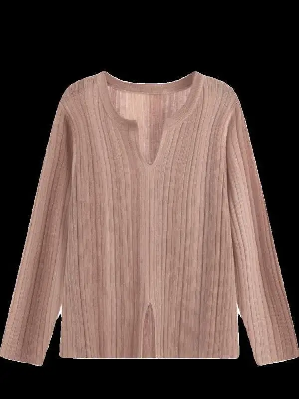 

Высококачественный вязаный свитер Lazy Sle V-Ne Long Sve ex, осенне-зимний топ с разрезом на основе, большой размер 300, Pou