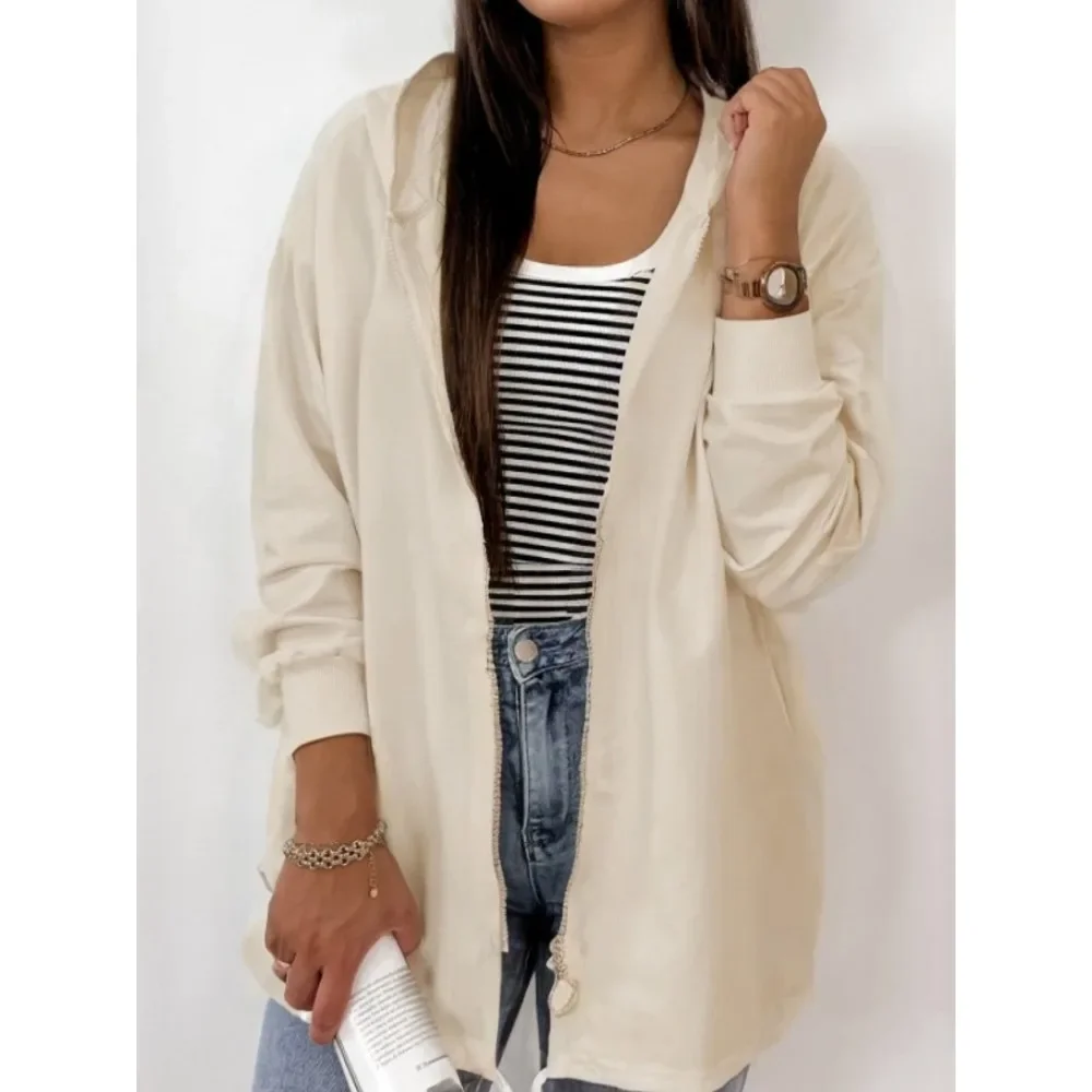 معطف نسائي كبير الحجم مع حاشية برباط بغطاء للرأس بلون سادة، أساسي بسيط وعصري للتنقل اليومي