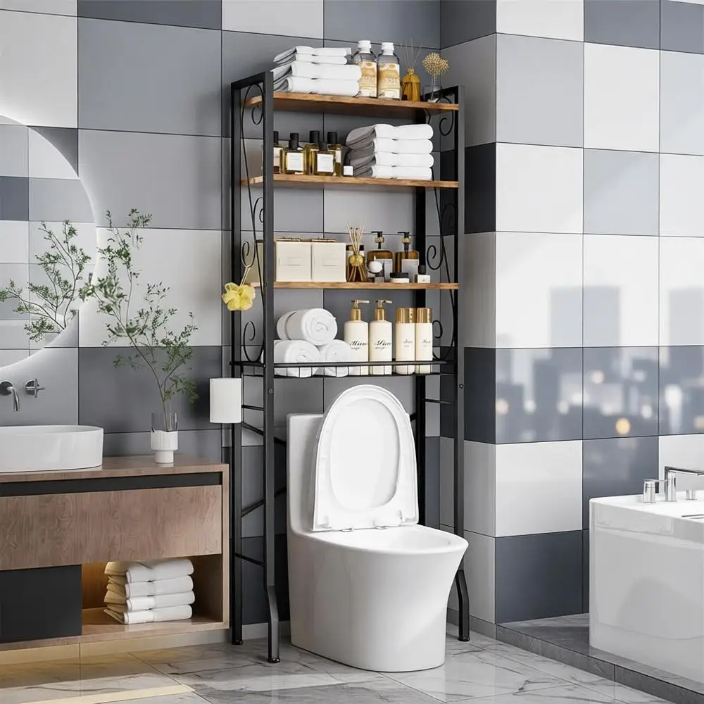 

Стеллаж для хранения над унитазом, 4 уровня, полка-органайзер над унитазом, регулируемые деревянные полки и корзина, отдельно стоящая над унитазом
