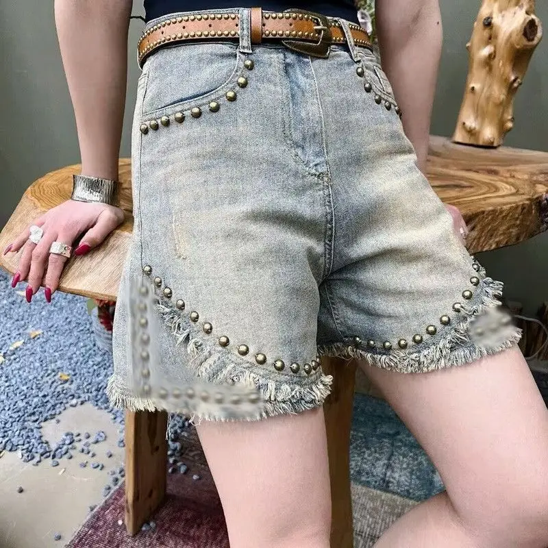 Dunne klinknagels retro denim shorts in Hong Kong-stijl voor dames Nieuwe grote maat losse afslankende wijde pijpen vijfpuntsbroek